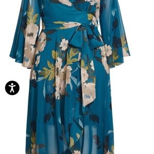 City Chic Women Teal Floral Ruffled 3/4 Sleeve Chiffon Maxi Dress Plus Size 22